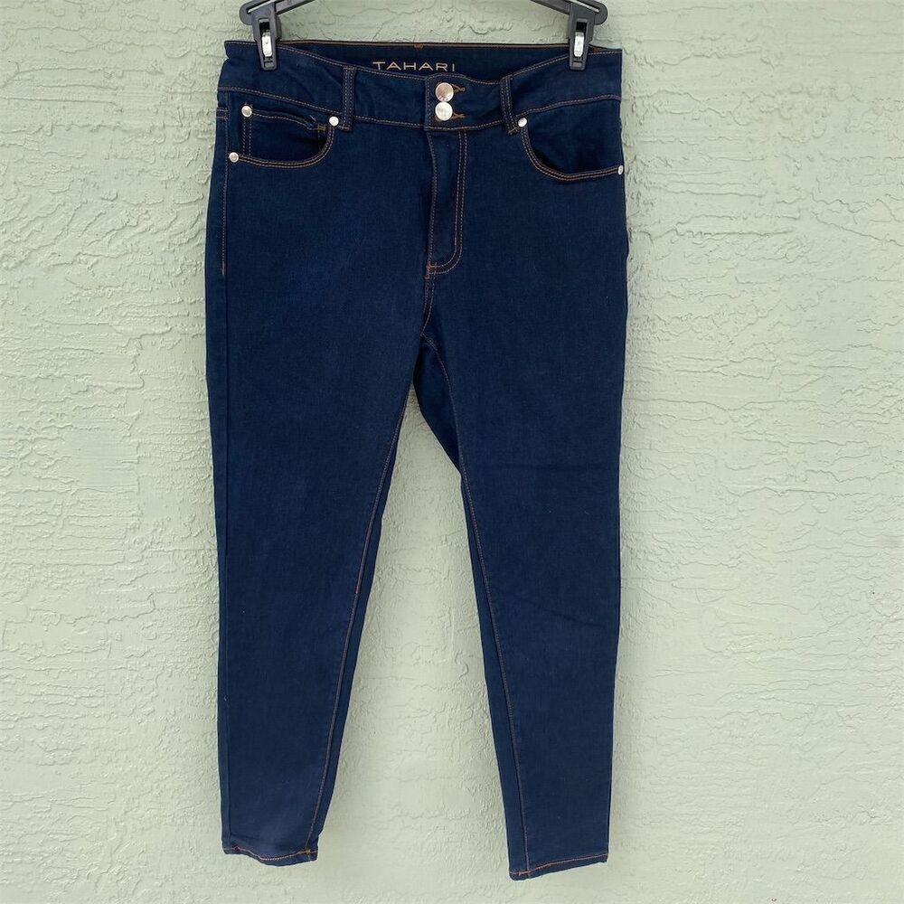 Tahari Women's Dark Blue Denim Skinny Jeans Size 10 Double Button Mid Rise